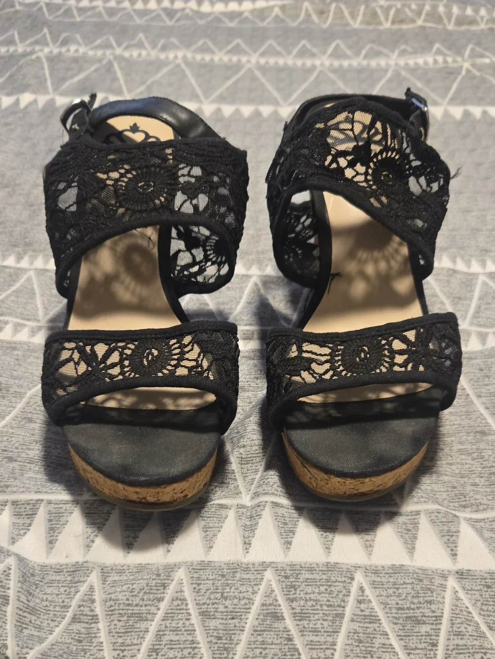 Fergalicious Black Lace Cork Wedge Sandals